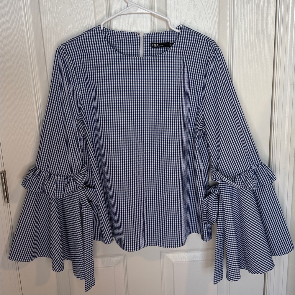 Ina Blue gingham Blouse w/belled statement sleeves. great for spring and summer